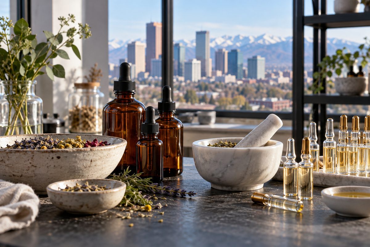 Apothecary glass bottles containing professional clinical skincare serums and peptides