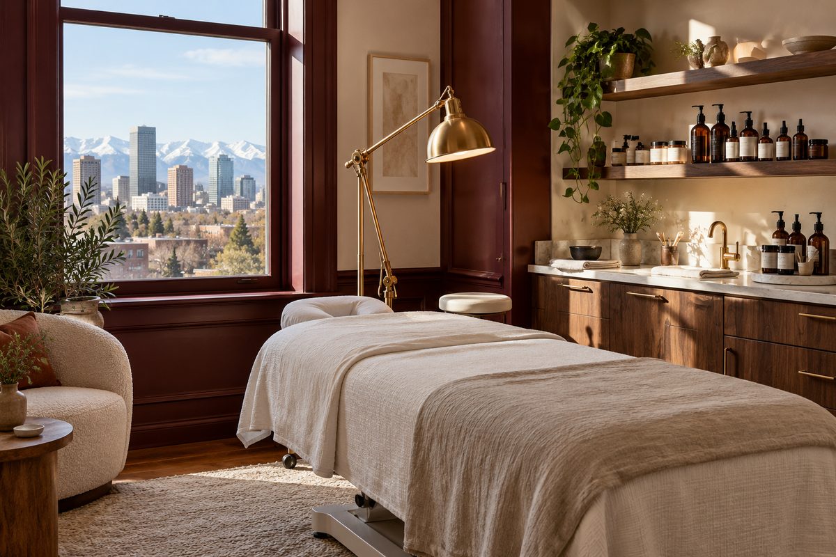 Treatment suite at Velviques aesthetic clinic in Denver with treatment bed and warm ambient lighting