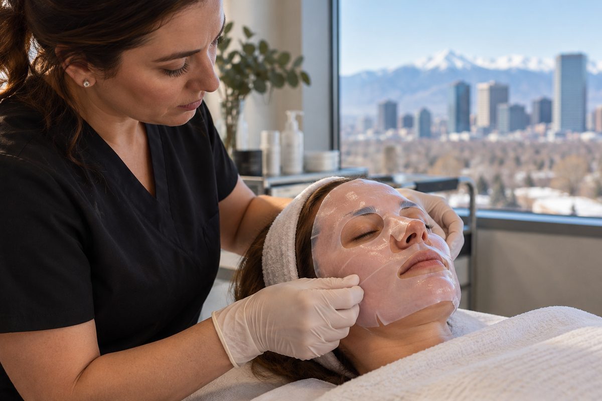 Translucent bio-cellulose mask applied to hydrate and soothe skin after RF microneedling