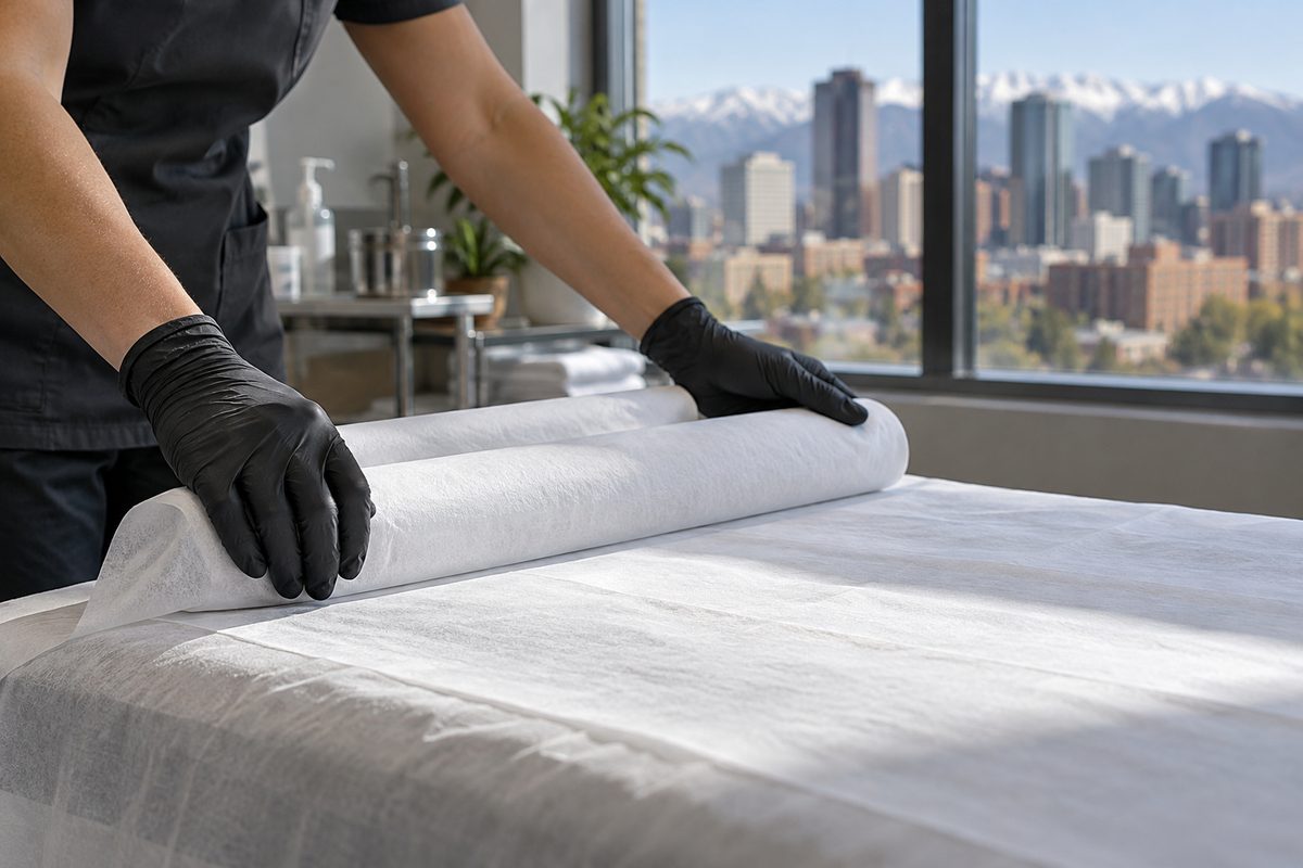 Practitioner hands in sterile gloves preparing clean clinical field for treatment