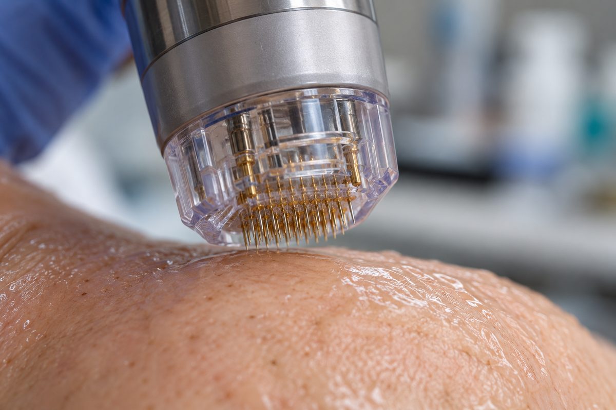 Macro view of radiofrequency microneedling handpiece array with precision insulated pins